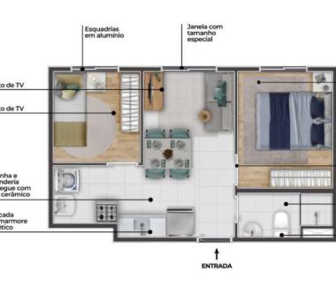 Perspectiva artística da Planta tipo B (Meio) 2 dorms 30,79 m²