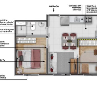 Perspectiva artística da planta tipo B (meio) 2 dorms 33,74 a 34,43 m²