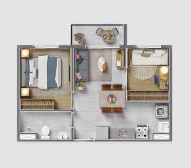 Perspectiva artística da planta com sugestão de decoração 2 dorms