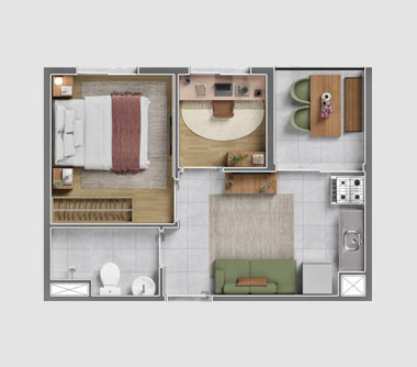 Perspectiva artística da planta com sugestão de decoração 1 dorm + office