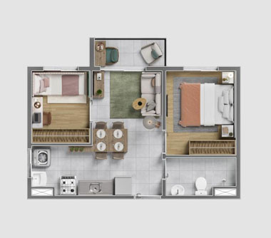 Perspectiva artística da planta com sugestão de decoração 2 dorms
