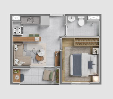 Perspectiva artística da planta com sugestão de decoração 1 dorm