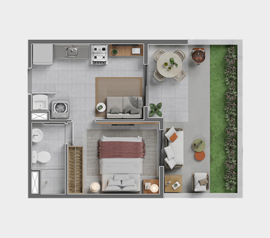 Perspectiva artística da planta Garden ponta 1 dorm