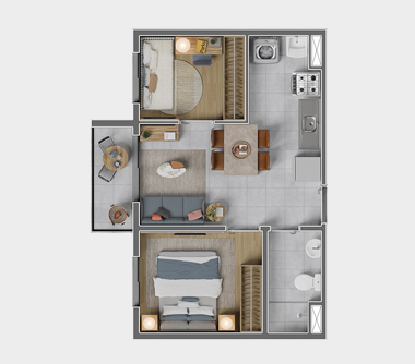 Perspectiva artística da planta tipo meio com 2 dorms