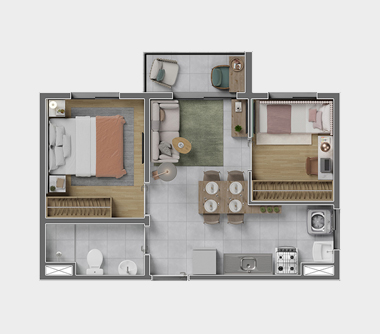 Perspectiva artística da planta tipo ponta com 2 dorms